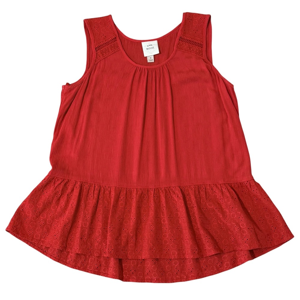 Knox Rose Womens Medium Red Eyelet‎ Lace Sleeveless Peplum Tank  Boho Scoop Neck